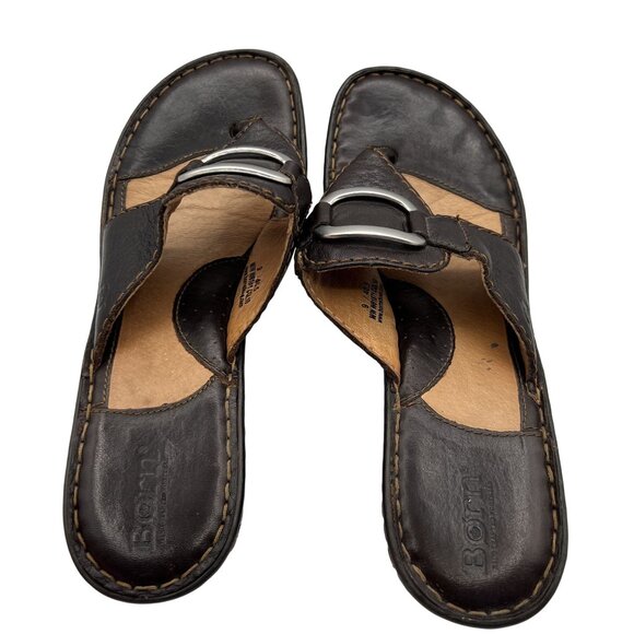 Born Womens 9 Brown Leather Wedge Sandals Thong Flip Flops Cushion Comfort - Picture 4 of 16